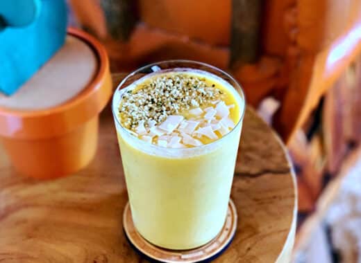 Orange Creamsicle Smoothie topped with roasted coconut chips and hemp hearts in orange room